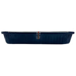 Side profile of a blue Handi-foil meal prep pan wrapped in plastic with tamper seal visible