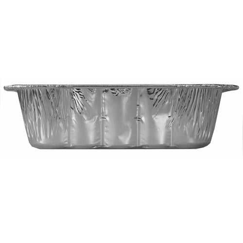 Side profile view of a rectangular disposable aluminum foil pan showing crimped rim and textured sides on white background