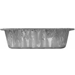 Side-profile close-up of an empty crimped-edge aluminum foil roaster pan on a white background