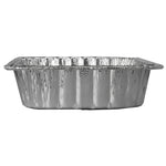 Side profile view of an empty extra deep disposable aluminum roaster pan on a white background
