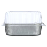 Side profile of an aluminum mini loaf pan with a clear plastic hinged lid, white background studio photo