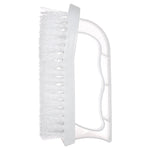 Side profile of white scrub brush showing bristles and translucent ergonomic handle on white background