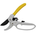 Side view of open pruning shears with yellow cushioned handle and black blade, silver body visible