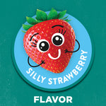 Illustration of a smiling cartoon strawberry inside a blue circle with the label “SILLY STRAWBERRY” and the word “FLAVOR” beneath.