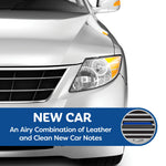 Graphic front-end view of a silver car with a banner reading NEW CAR and descriptive scent copy for Refresh air freshener