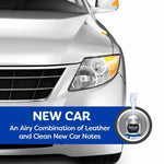 Partial front view of a silver car with graphic banner reading New Car and a small Refresh fogger icon