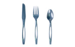 Silver-colored disposable knife, fork and spoon arranged upright on a white background with glossy finish