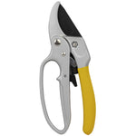 Silver ratcheting pruning shears with a yellow cushioned handle and black blade on a white background