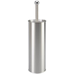 silver stainless steel toilet brush with cylindrical holder and ball-top handle on white background