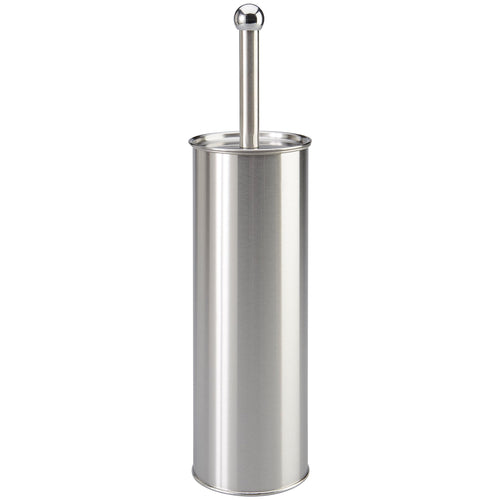 silver stainless steel toilet brush with cylindrical holder and ball-top handle on white background