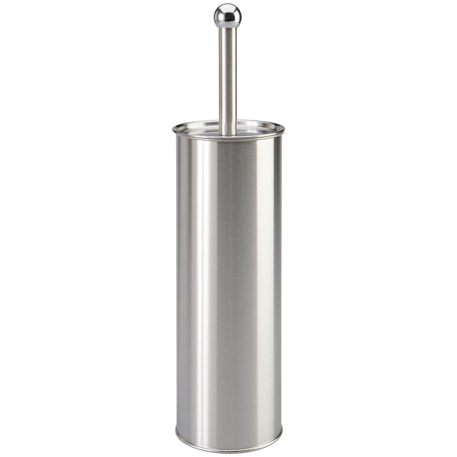 silver stainless steel toilet brush with cylindrical holder and ball-top handle on white background