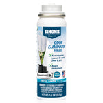 White aerosol can of Simoniz Odor Eliminator Fogger with label showing fresh linen imagery and product name
