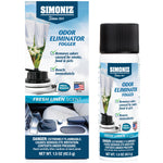 Product packaging and can of Simoniz Odor Eliminator Fogger in Fresh Linen scent with usage callouts and car interior image