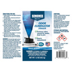 Retail label artwork for Simoniz Odor Eliminator Fogger showing product front panel with logo and claims