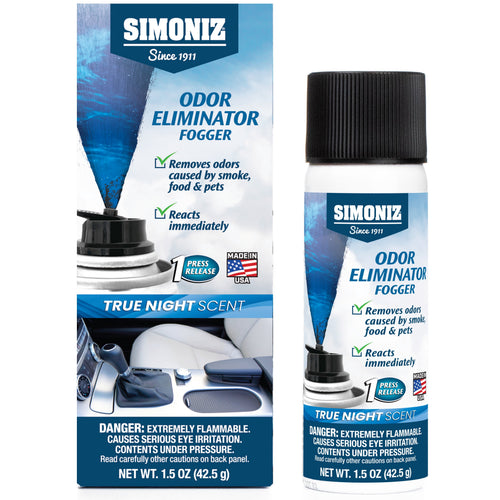 Simoniz True Night odor eliminator fogger can beside its retail box showing product branding