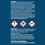 Warning and contents panel showing hazard icons, cautions, ingredients and storage/disposal instructions on blue background