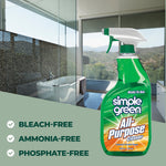 Simple Green All-Purpose Cleaner bottle superimposed over a bathroom with glass shower and mountain view, with product benefit icons