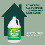 Simple Green one-gallon bottle on a green background with house silhouette and text promoting all-purpose cleaner use