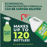 Graphic showing a Simple Green concentrate jug pouring into a spray bottle with text claiming it makes up to 120 bottles