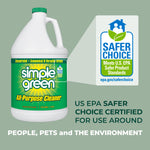 Simple Green gallon bottle next to a Safer Choice certification panel and text about certification for people, pets and environment