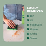 Person cleaning a countertop with a green scrub pad and a bottle of Simple Green visible, with checklist of removed soils