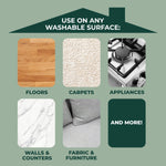 Graphic showing washable surface icons including floors, carpets, appliances, walls, and fabric for Simple Green