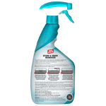 Rear view of a Simple Solution stain & odor remover spray bottle showing usage instructions, warnings and small graphics on the back label.