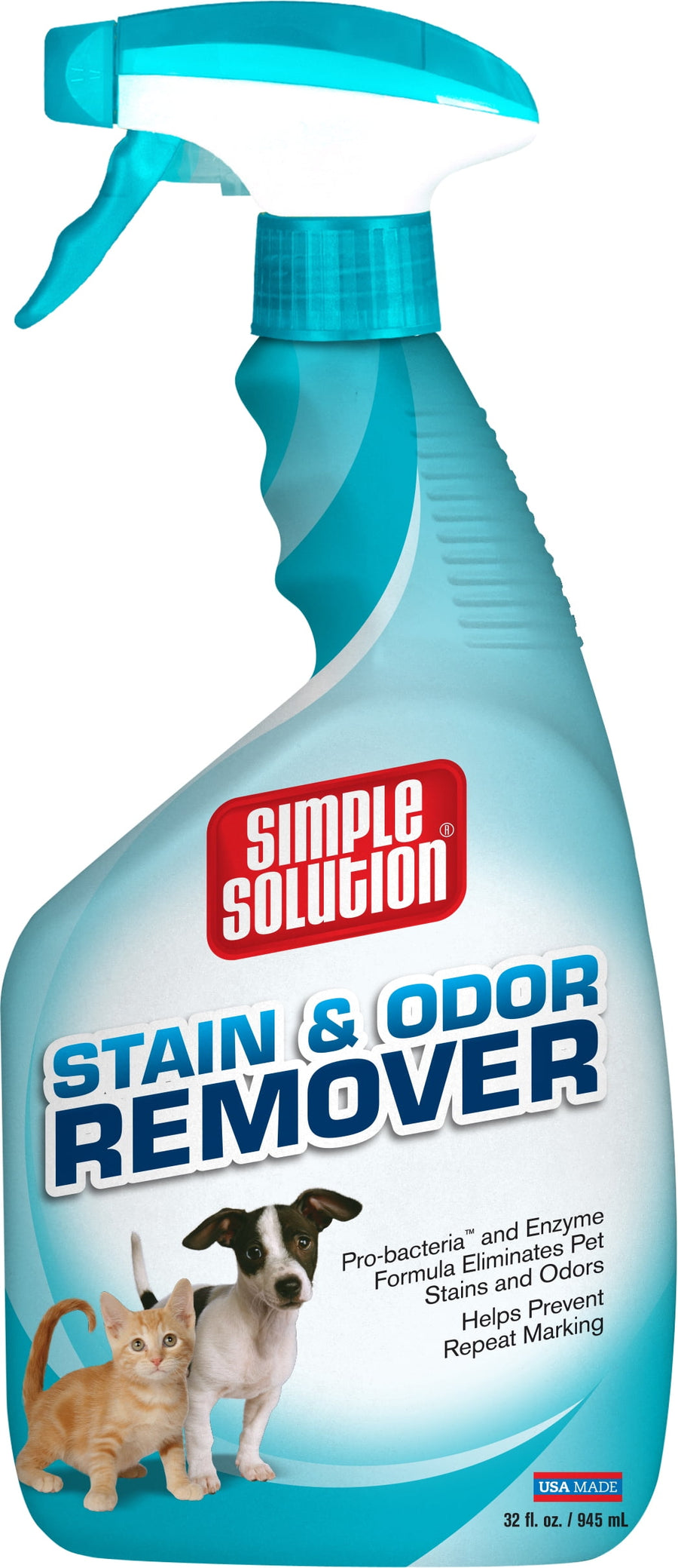 Close-up front view of a Simple Solution spray bottle labeled “Stain & Odor Remover” featuring a kitten and puppy on the label.