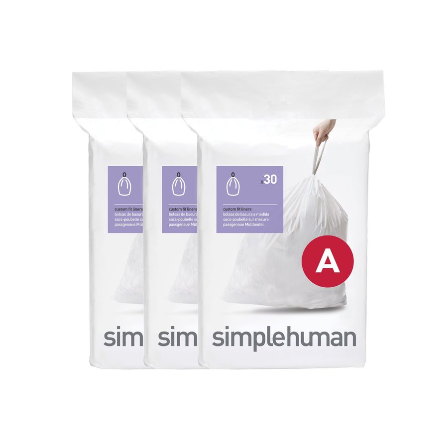 Three simplehuman retail refill packs showing a white trash bag image and a red circular 'A' code