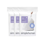 Three white simplehuman Code B trash bag packages shown side-by-side with a large B badge on the front.