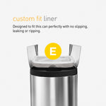 Open stainless trash can with a custom-fit simplehuman liner visible and a yellow E size badge above the rim