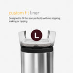 Infographic showing a simplehuman stainless can with a custom-fit liner and a large L size badge above it