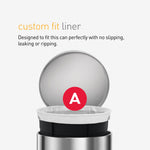 Infographic of an open stainless can with a custom-fit liner and heading text 'custom fit liner' plus a red 'A' badge