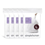 Five stacked simplehuman dispenser packs showing white drawstring trash bags with large L size badge