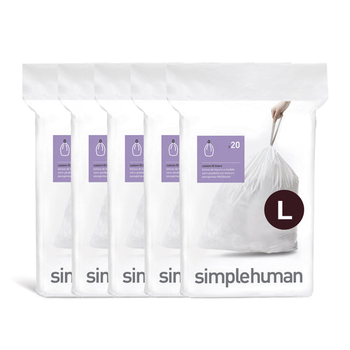 Five stacked simplehuman dispenser packs showing white drawstring trash bags with large L size badge