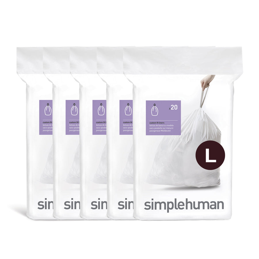 Five stacked simplehuman dispenser packs showing white drawstring trash bags with large L size badge
