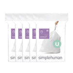 Stack of five simplehuman dispenser-style packs showing a white drawstring trash bag image and purple label