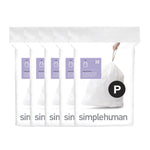Five simplehuman dispenser packs shown side-by-side with a tied white trash bag and black 'P' size badge