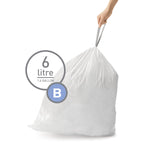 Hand holding a tied white trash bag by its drawstrings with a circular 6 litre / 1.6 gallon and B badge overlay.