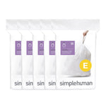 Five stacked simplehuman dispenser packs showing a white trash bag with a yellow E size badge and branded packaging