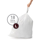 Hand lifting a filled white trash bag with drawstrings, overlaid with an 18 litre / L size badge and measurement callout