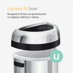 Open stainless trash can top with a white custom-fit liner inside and simplehuman U badge