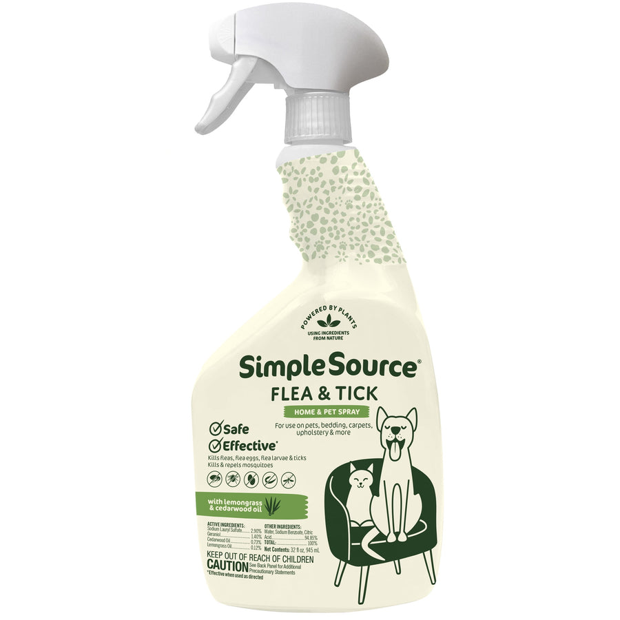 SimpleSource Flea & Tick spray bottle with white trigger and illustrated cat and dog label
