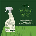 SimpleSource bottle illustration with icons and text listing pests killed including fleas and ticks