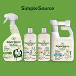 Array of SimpleSource Flea & Tick products including spray, bottles, and hose-attached jug on green background
