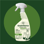 Product shot of SimpleSource Flea & Tick spray centered on a green circular background
