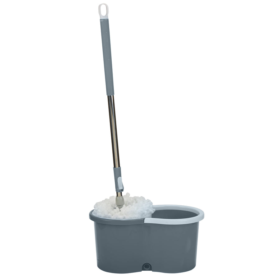 Grey self-wringing mop and oval bucket set shown upright on white background