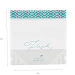 Clear reusable bag with blue geometric zip strip, ‘Keep Fresh’ branding and printed width and height measurements.