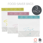 Three clear food saver bags with geometric patterned tops and a circular 3-pack badge on white background.