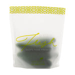 Frosted stand-up reusable bag with yellow geometric top, ‘Keep Fresh’ branding and visible produce inside.